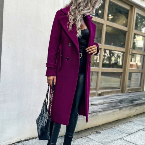 Cozy Dark Magenta Double Breasted Pea Coat Jacket Winter - Picture 3 of 5